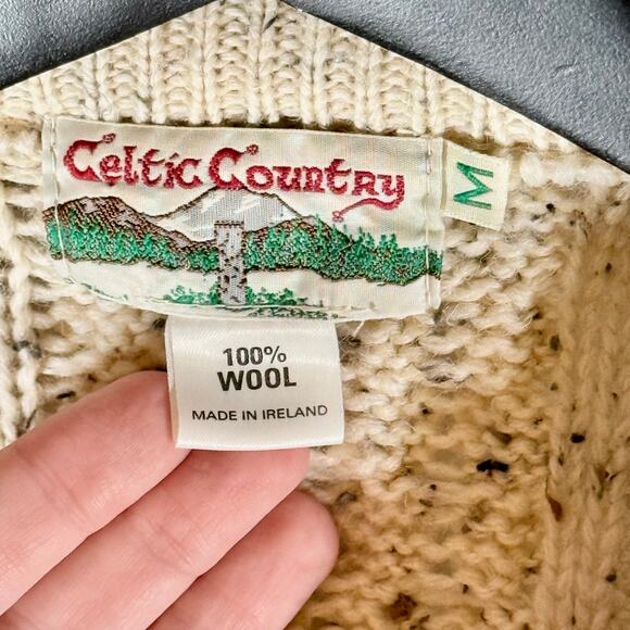 Celtic Country Men's Medium Cream 100% Wool Round Neck Cardigan Sweater Ireland - Picture 4 of 13